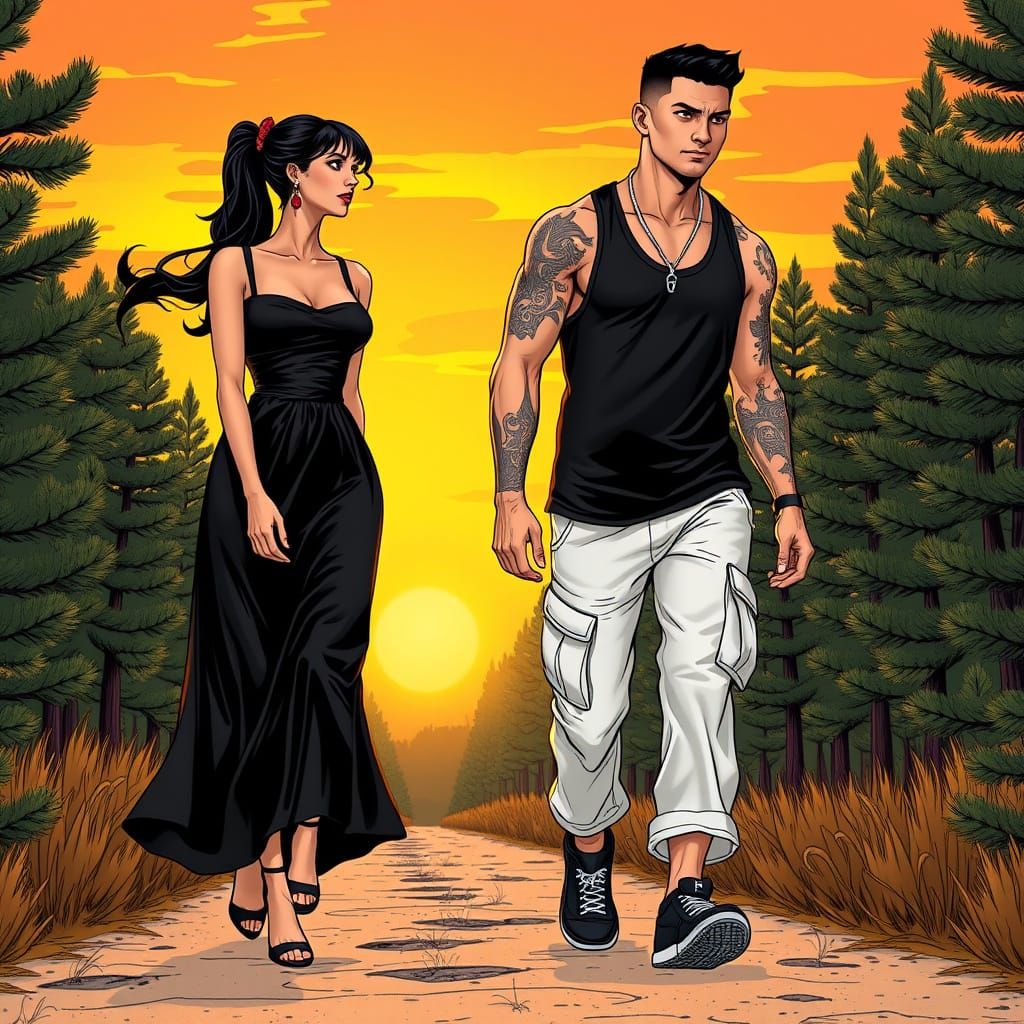 Stylish Characters Stroll Through Forest in Comic Book Art