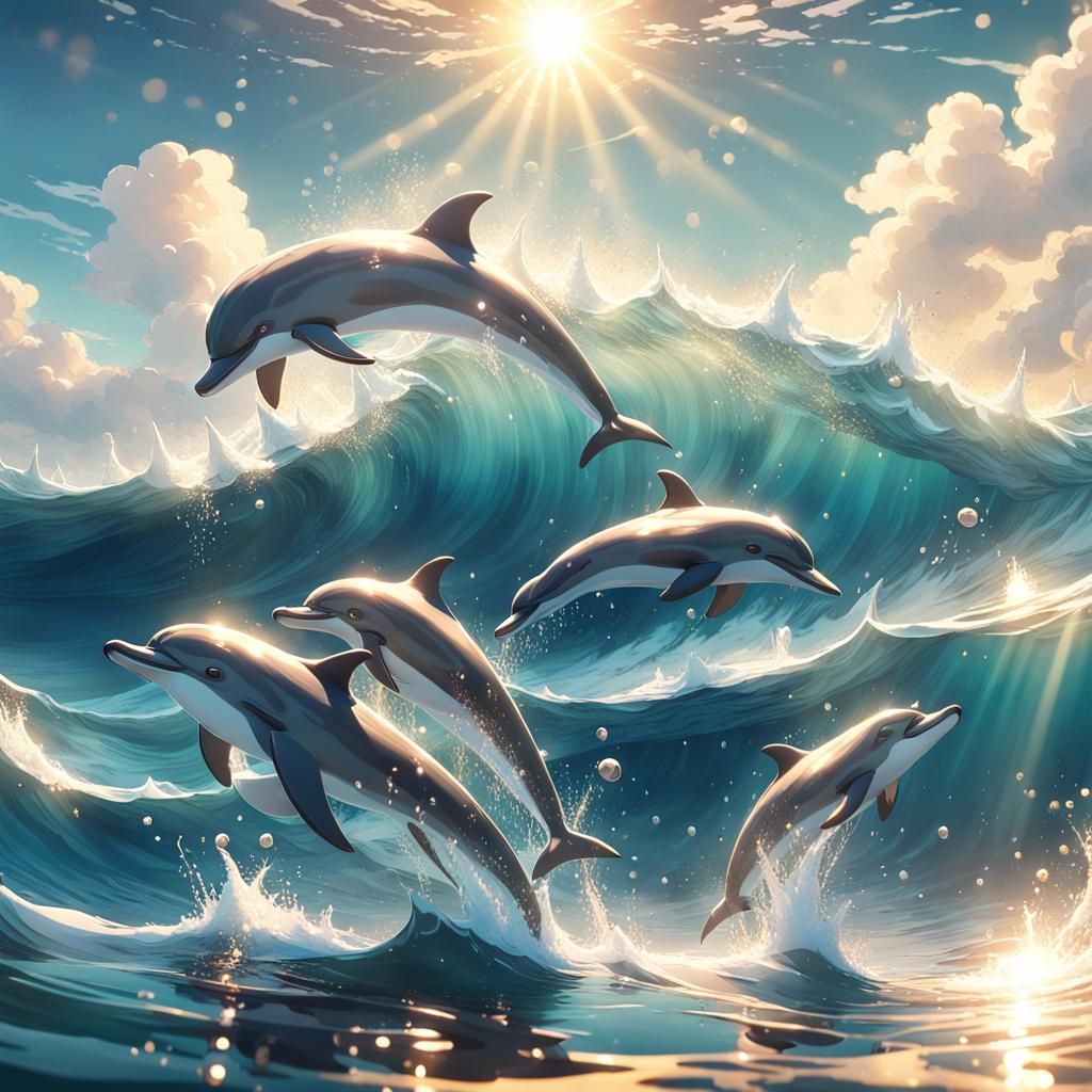 Dolphins Play in Azure Ocean: 3D Anime Art