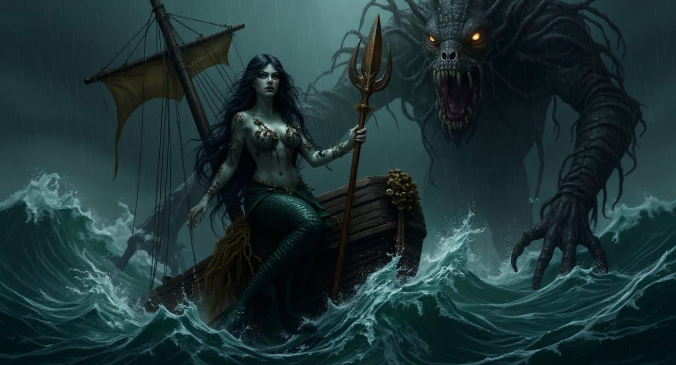 Sinister Mermaid on Sinking Ship with Sea Monster