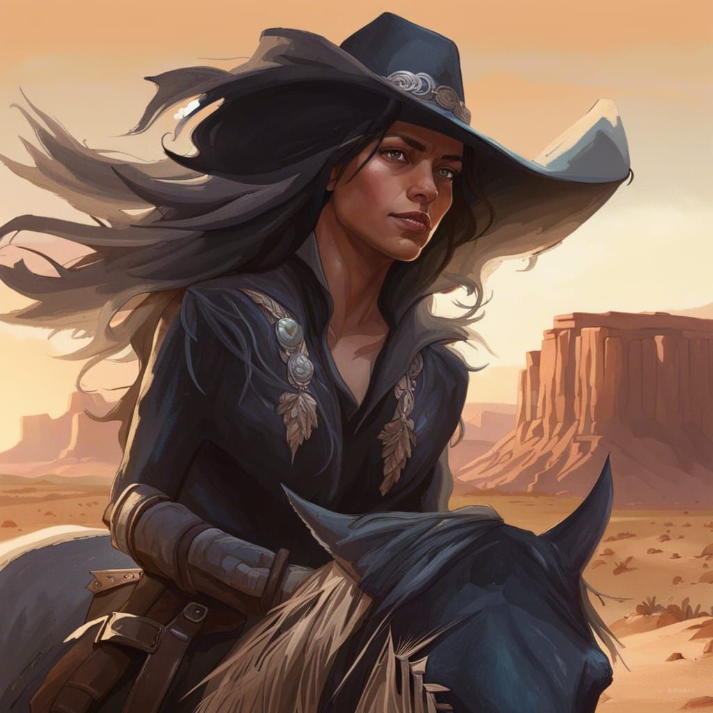 Cowgirl on Black Horse: Hyperrealistic Desert Portrait