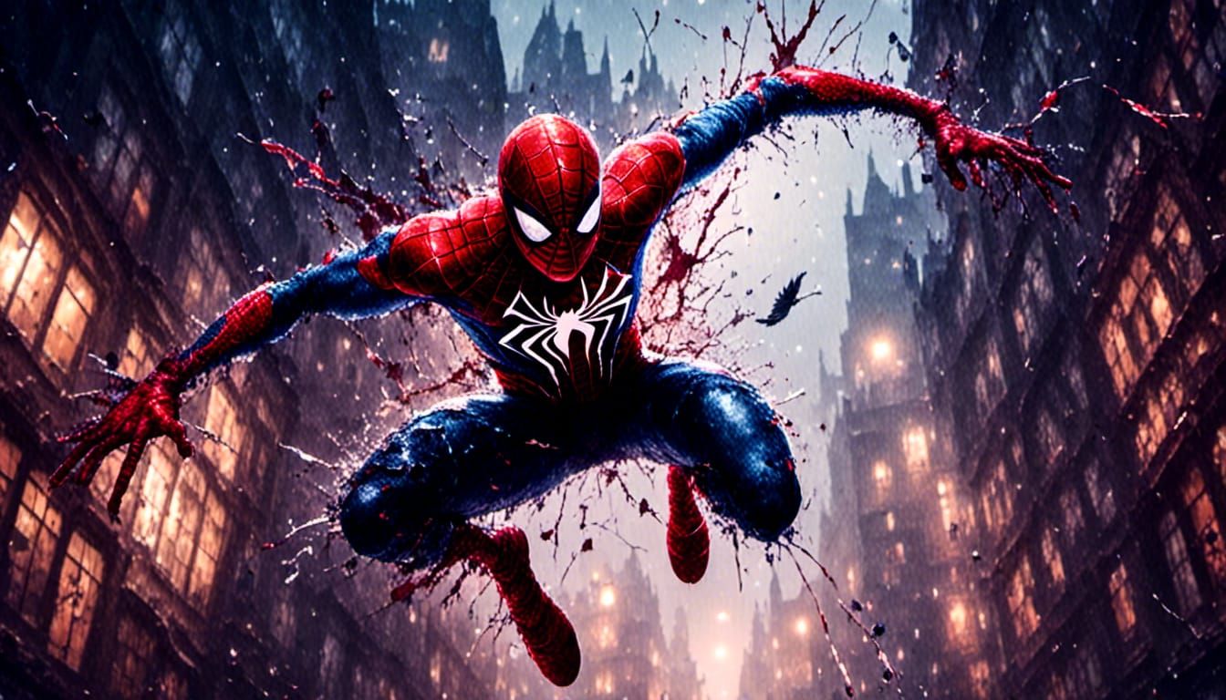 Spider-Man Swings Through Rainy City Night