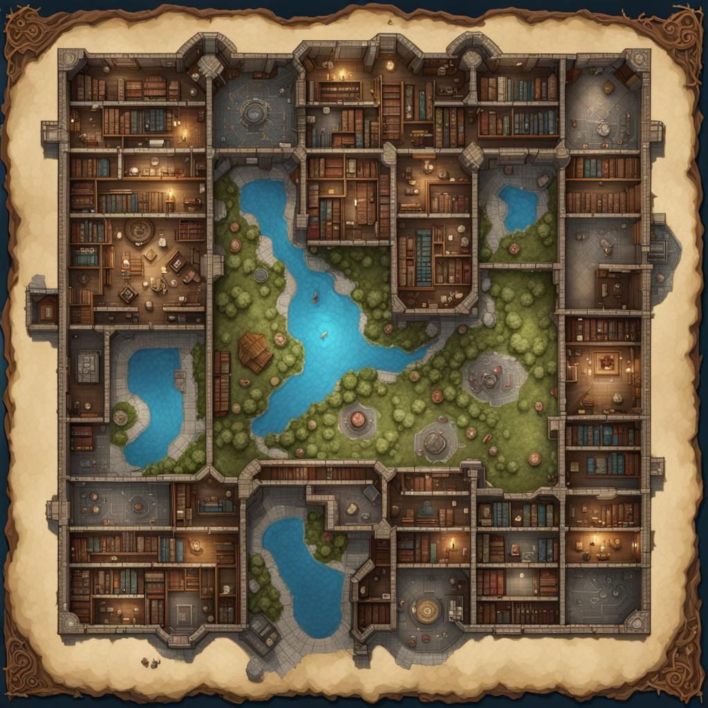 Fantasy Library Battlemap for D&D in Top-Down View