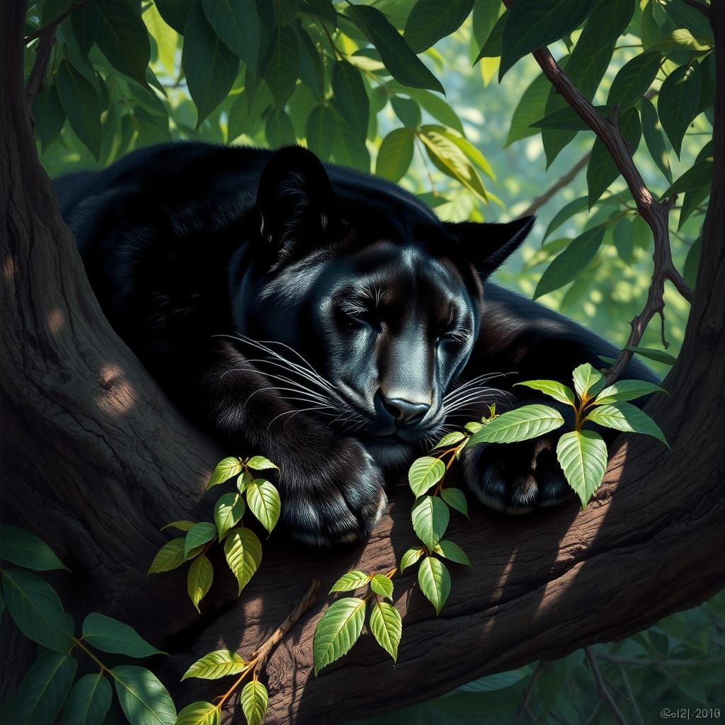 Majestic Black Puma Slumbers in Jungle Canopy