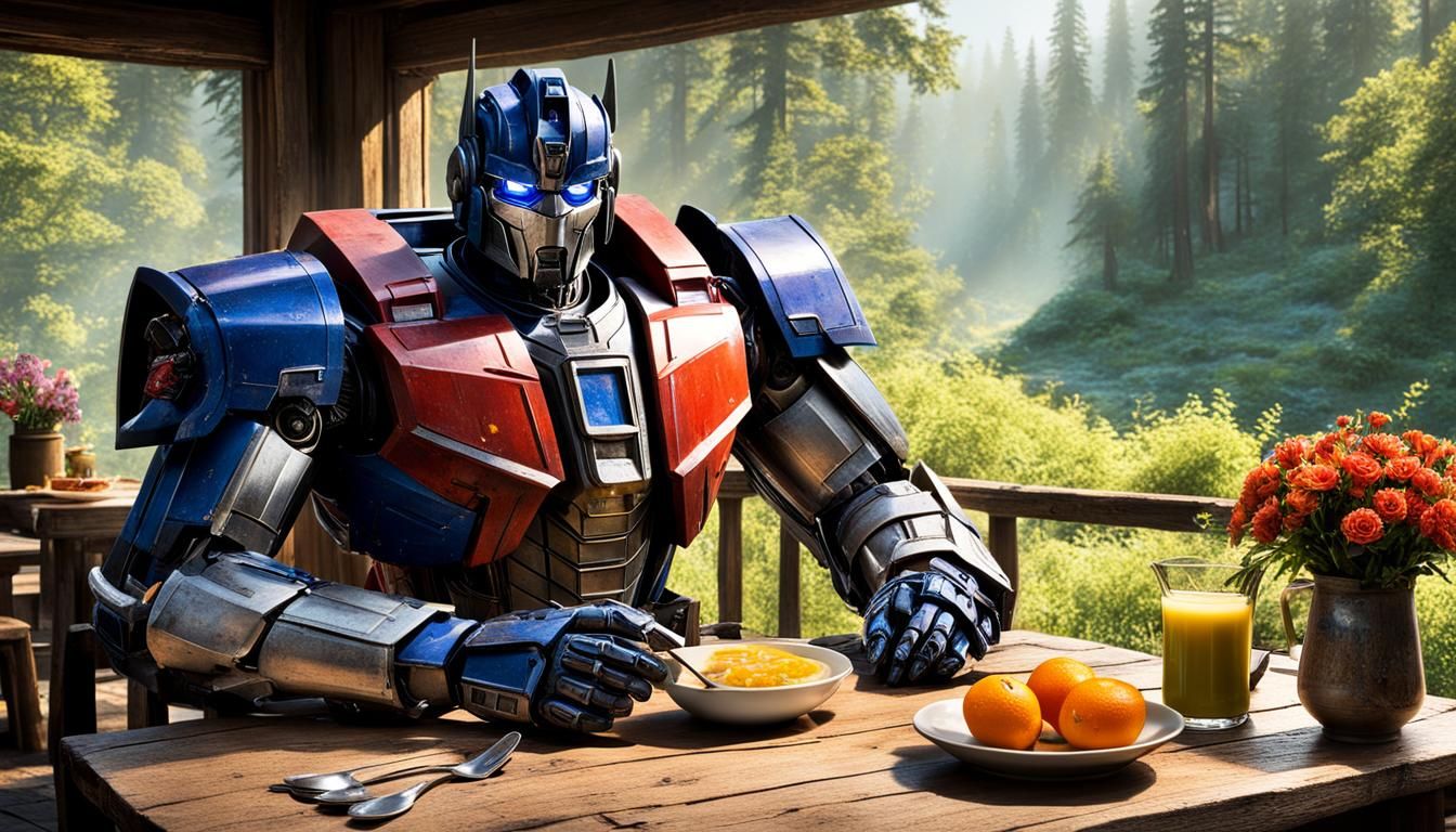 Optimus Prime enjoys a hearty breakfast.