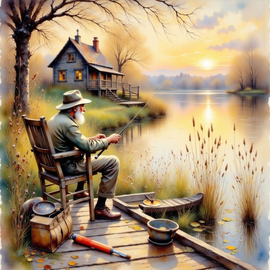 Elderly Angler at Golden Hour Lake Impasto Painting