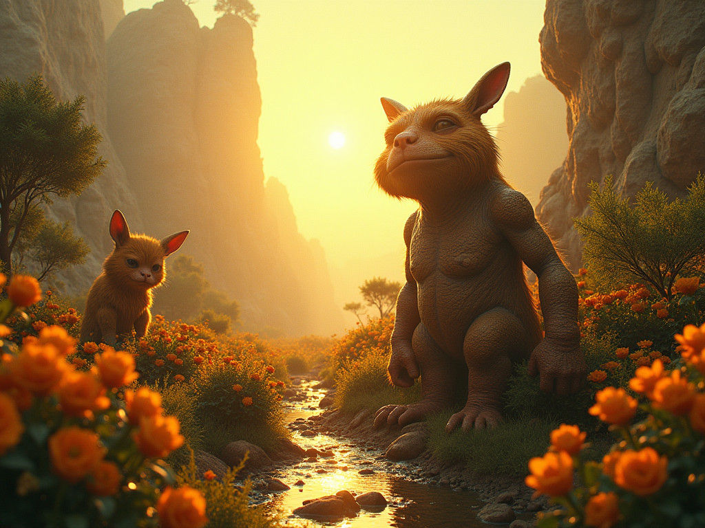 Grotesque Anthropomorphic Creature in Florid Landscape