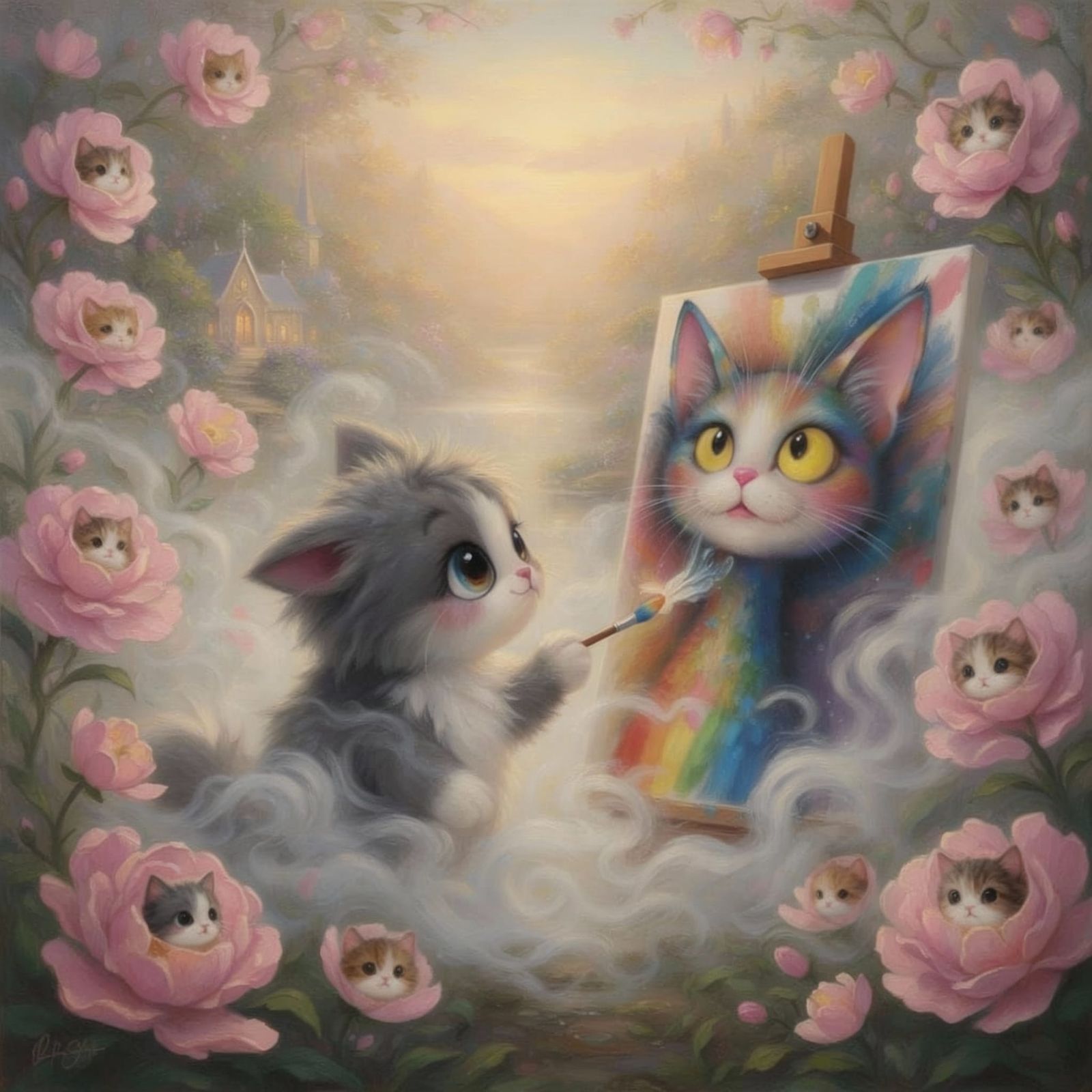 Ethereal Kitten Self Portrait in Misty Fantasy Garden