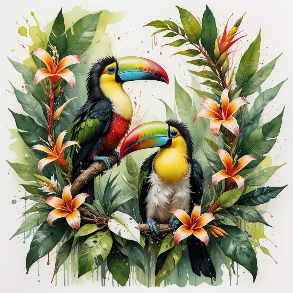 Toucan Nestlings in Tropical Blooms with Chartreuse Wash