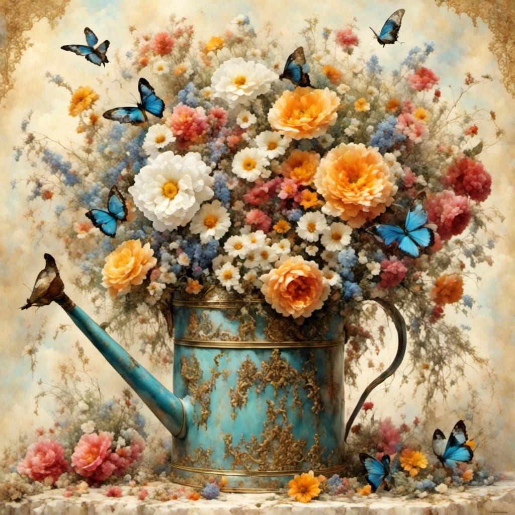 Flowers in Watering Can: Dreamy Watercolor Style