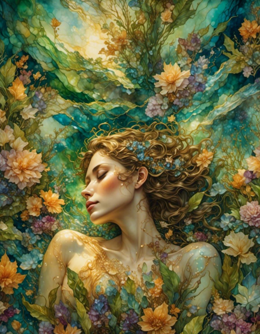 Woman Floating in Tropical Ocean: Surreal Oil Painting