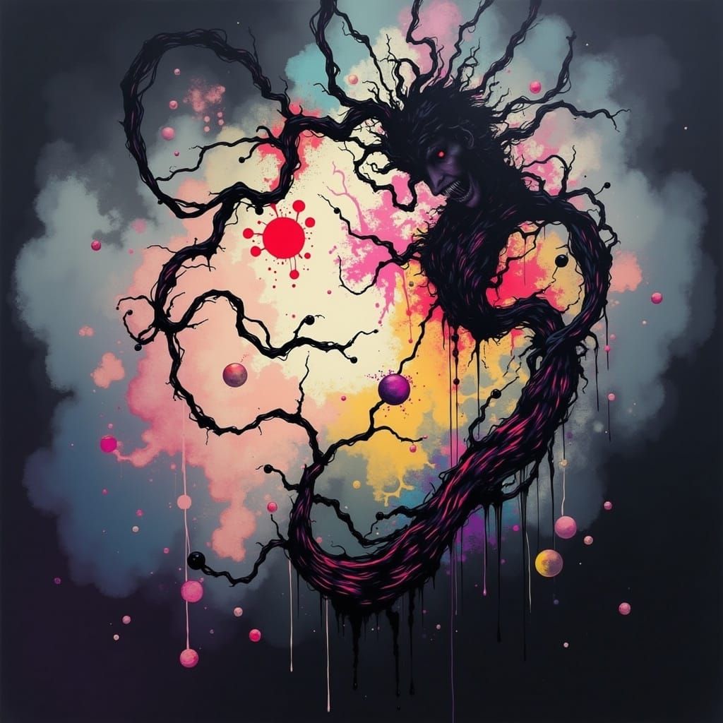 Surreal, Twisted Woman Enveloped by Bioluminescent Flora