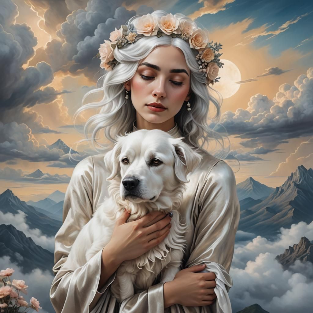 Surreal Woman with Dog in Dreamy Cloudscape