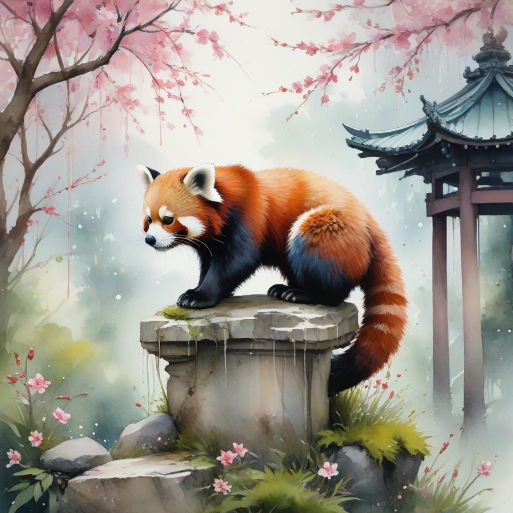 Red Panda in East Asian Garden Watercolour