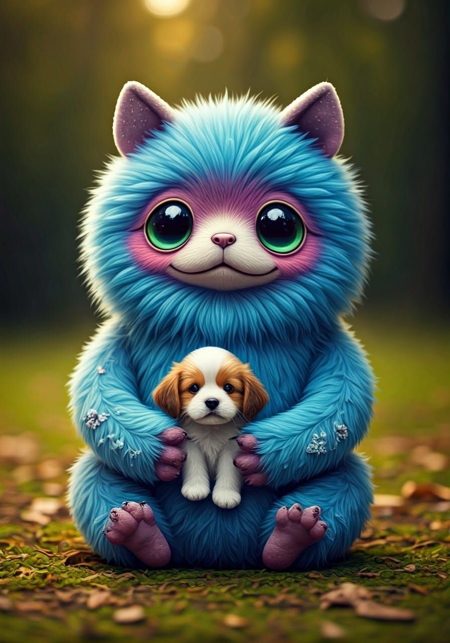 Cute Plush Creature and Puppy in Batik Patchwork