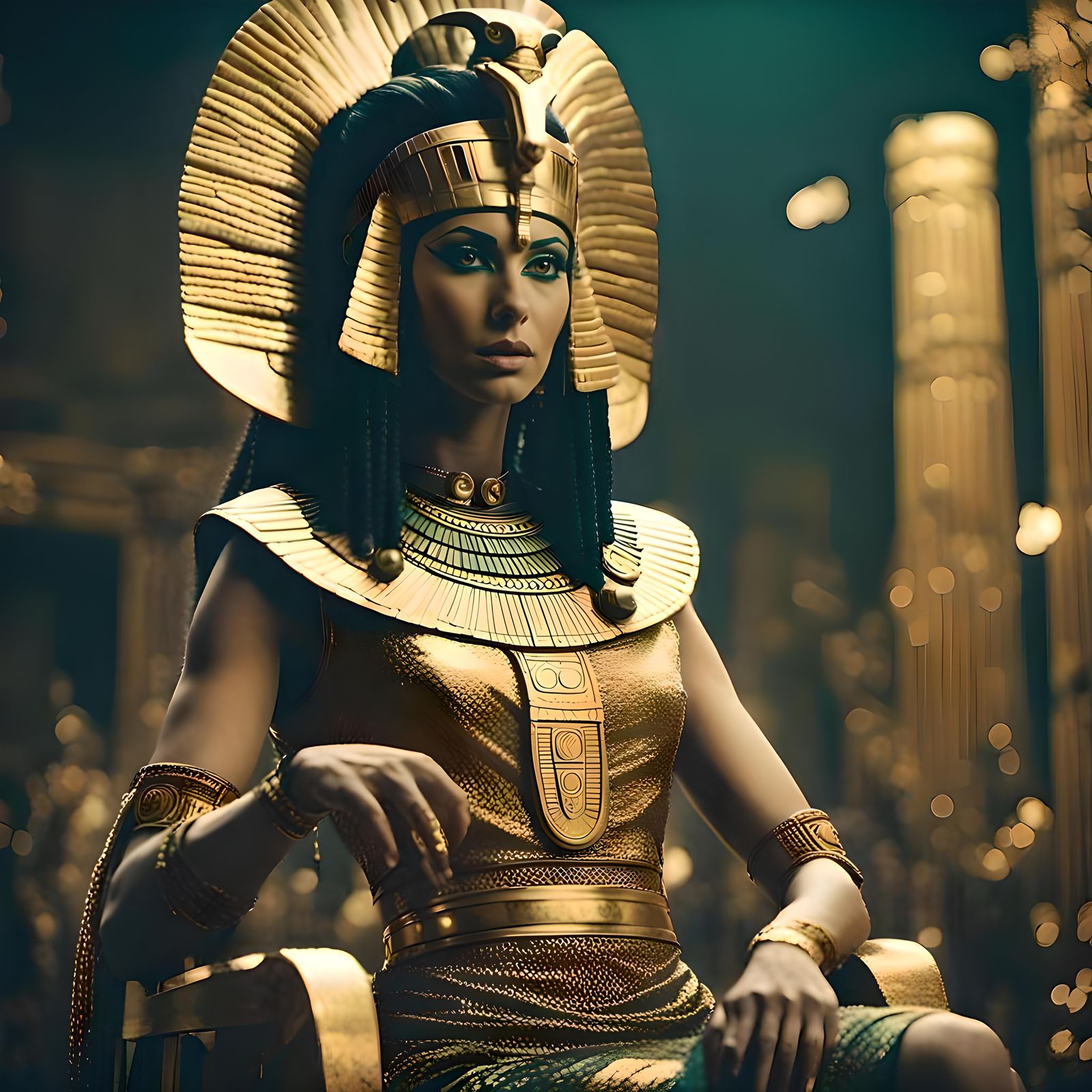 Cleopatra as a Goddess: Cinematic Film Still