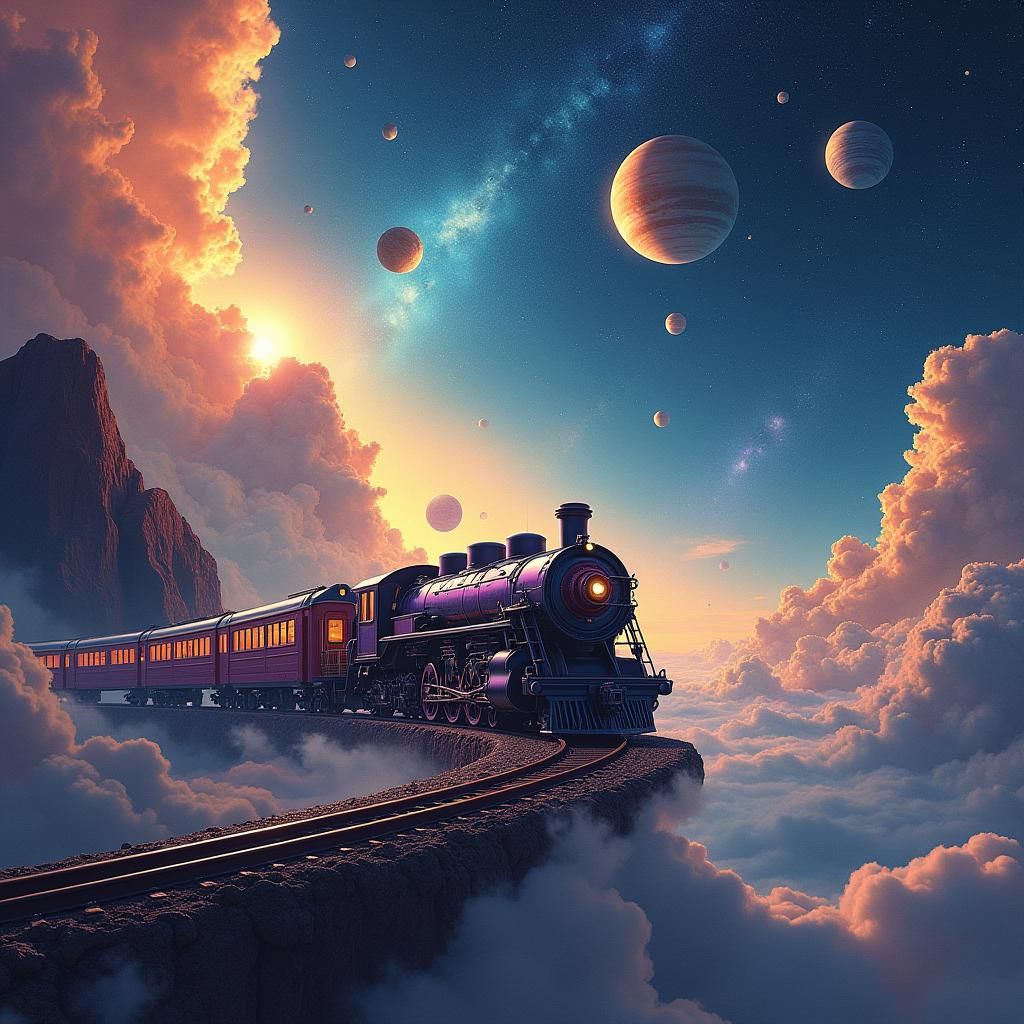 Majestic Train Navigating Starry Cosmic Dreamscape