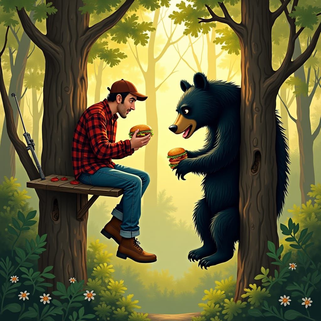 Humorous Hunter and Bear Forest Scene