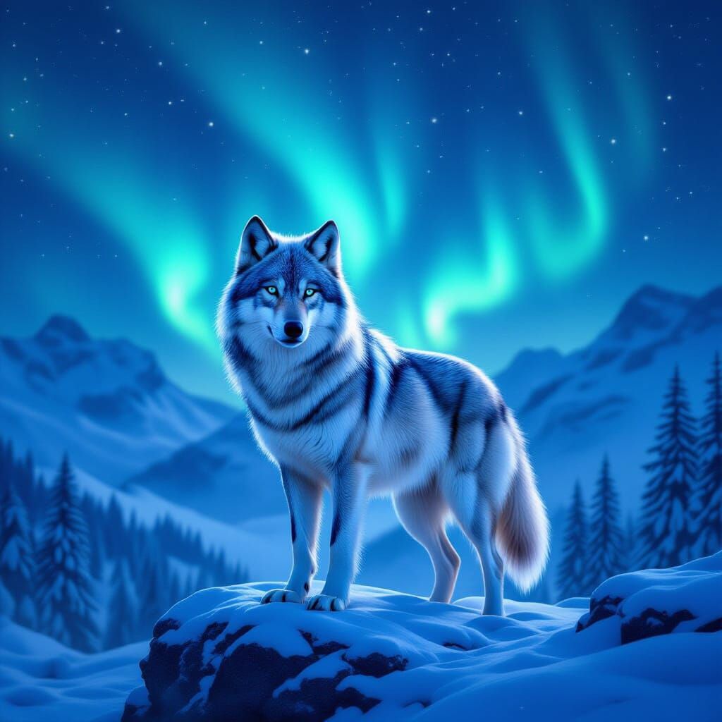 Majestic Silver Wolf Under Aurora Borealis