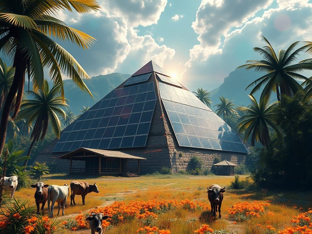 Futuristic Pyramid Overgrown with Solar Panels in the Jungle