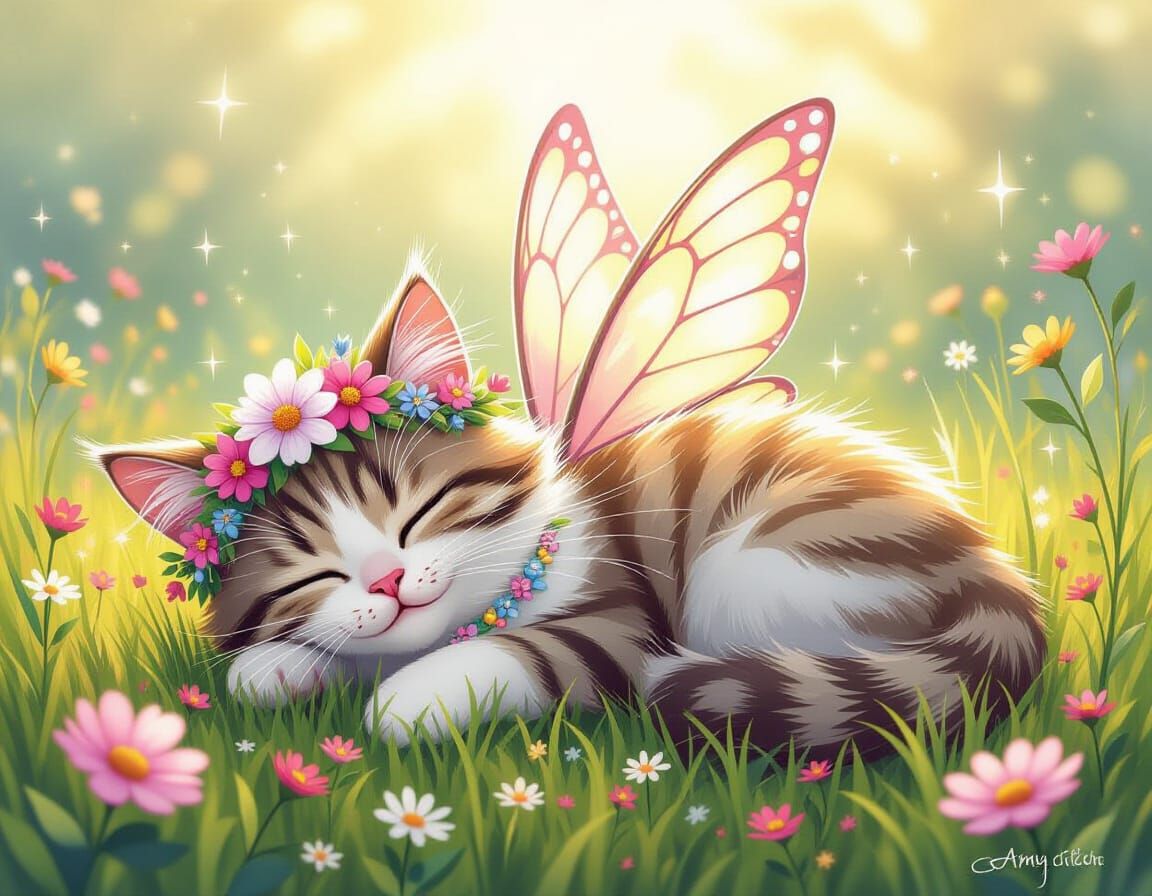 Magical Fairy Cat Napping in Dreamy Meadow