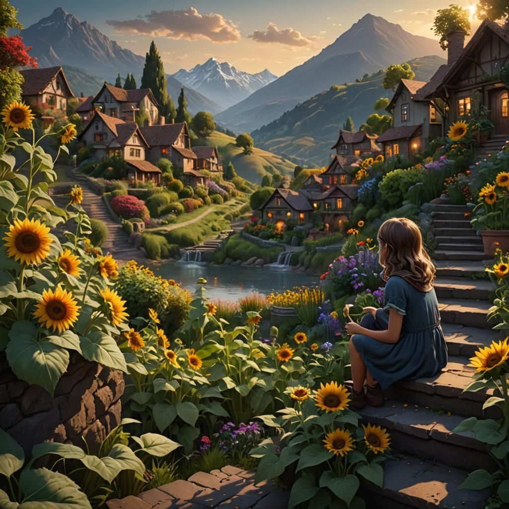 Girl in Garden with Sunflower Plants, Matte Painting