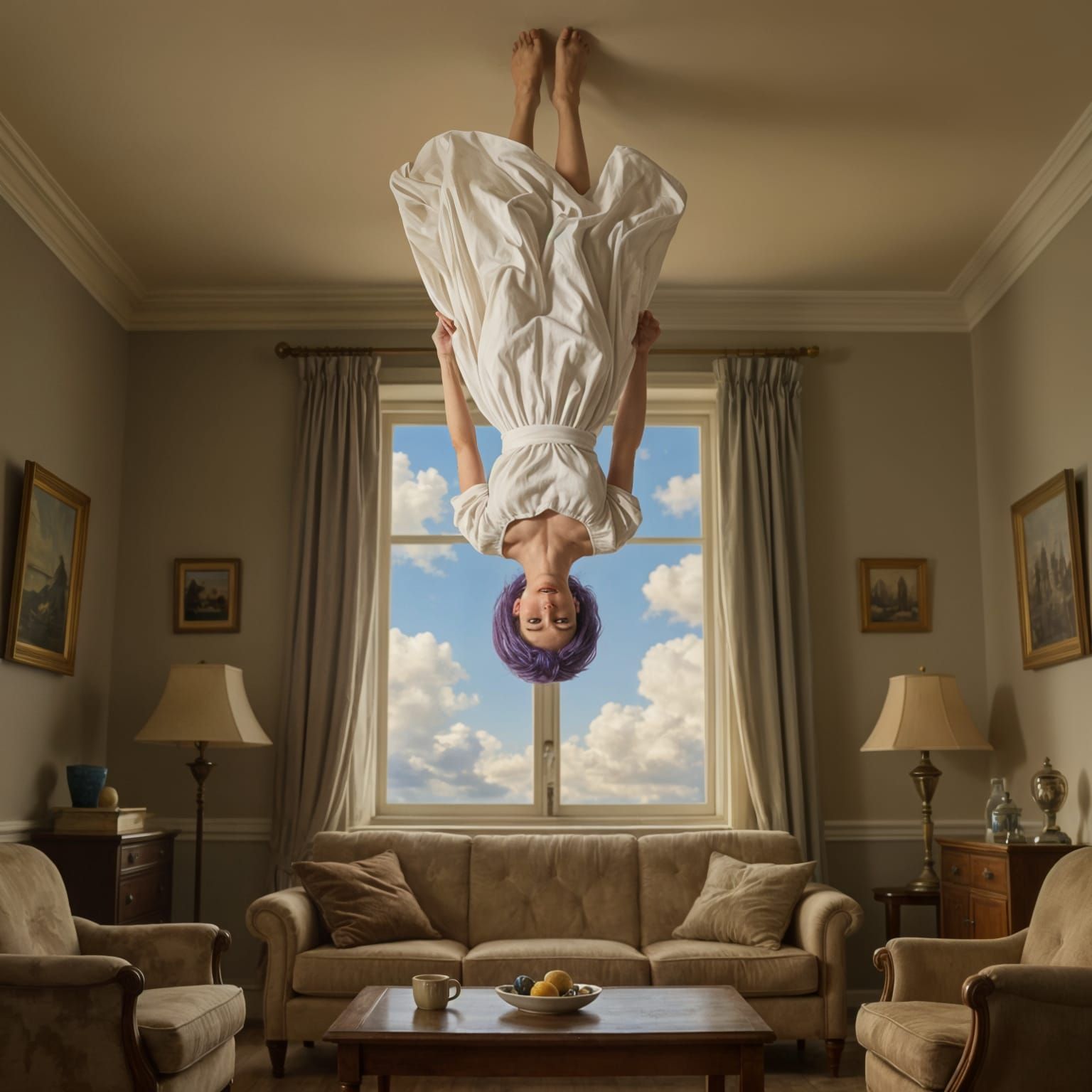 Surreal Living Room With Upside-Down Woman in Dreamlike Styl...