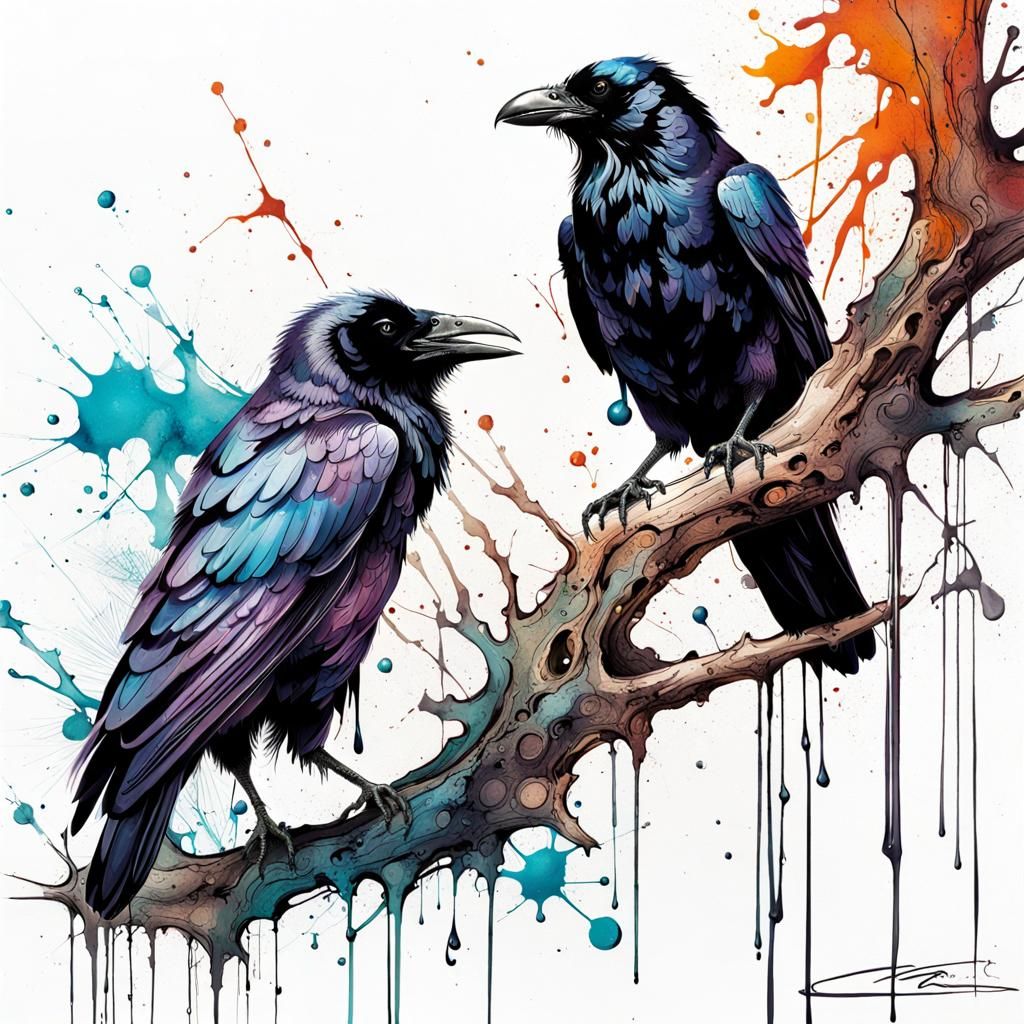 Raven on Branch in Liquid Ink Painting Style