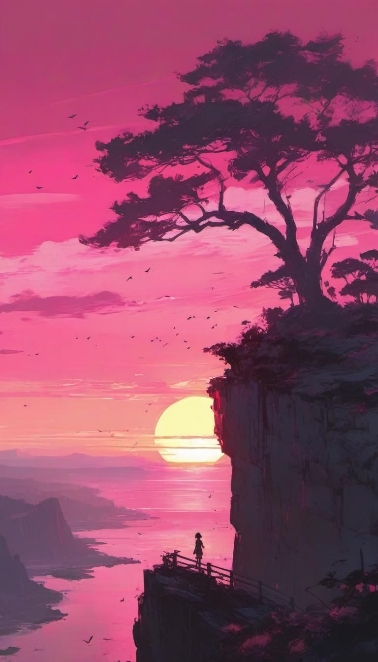 Hot Pink Retro Sunset in Anime Style