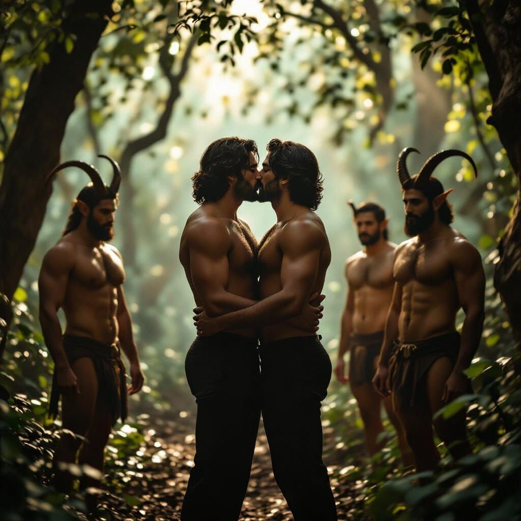 Arab Men Kissing Watched by Satyrs: Cinematic Film Still
