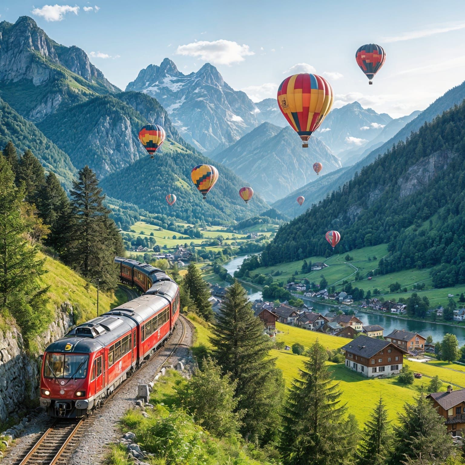 Mountain Village with Scenic Train and Hot Air Balloons