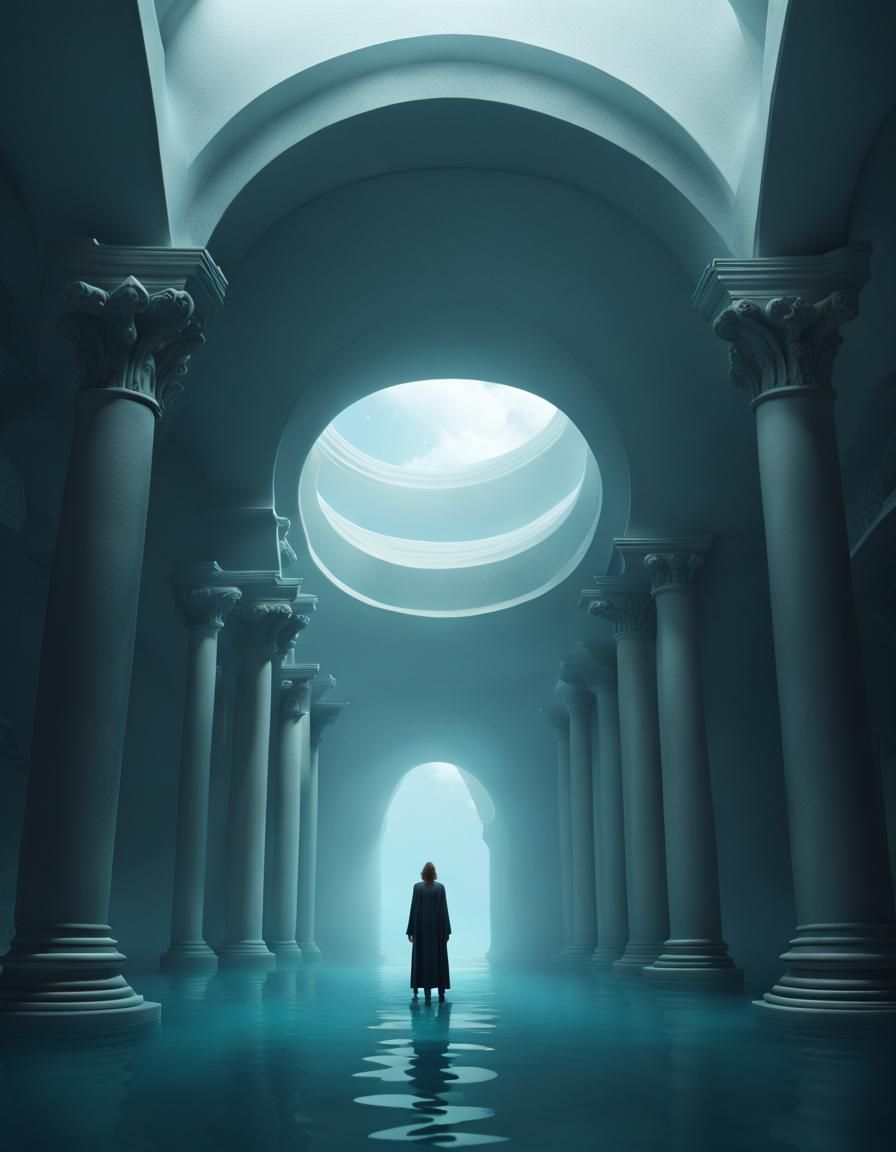 Sharkman in Underwater Temple, Minimalist Illustration