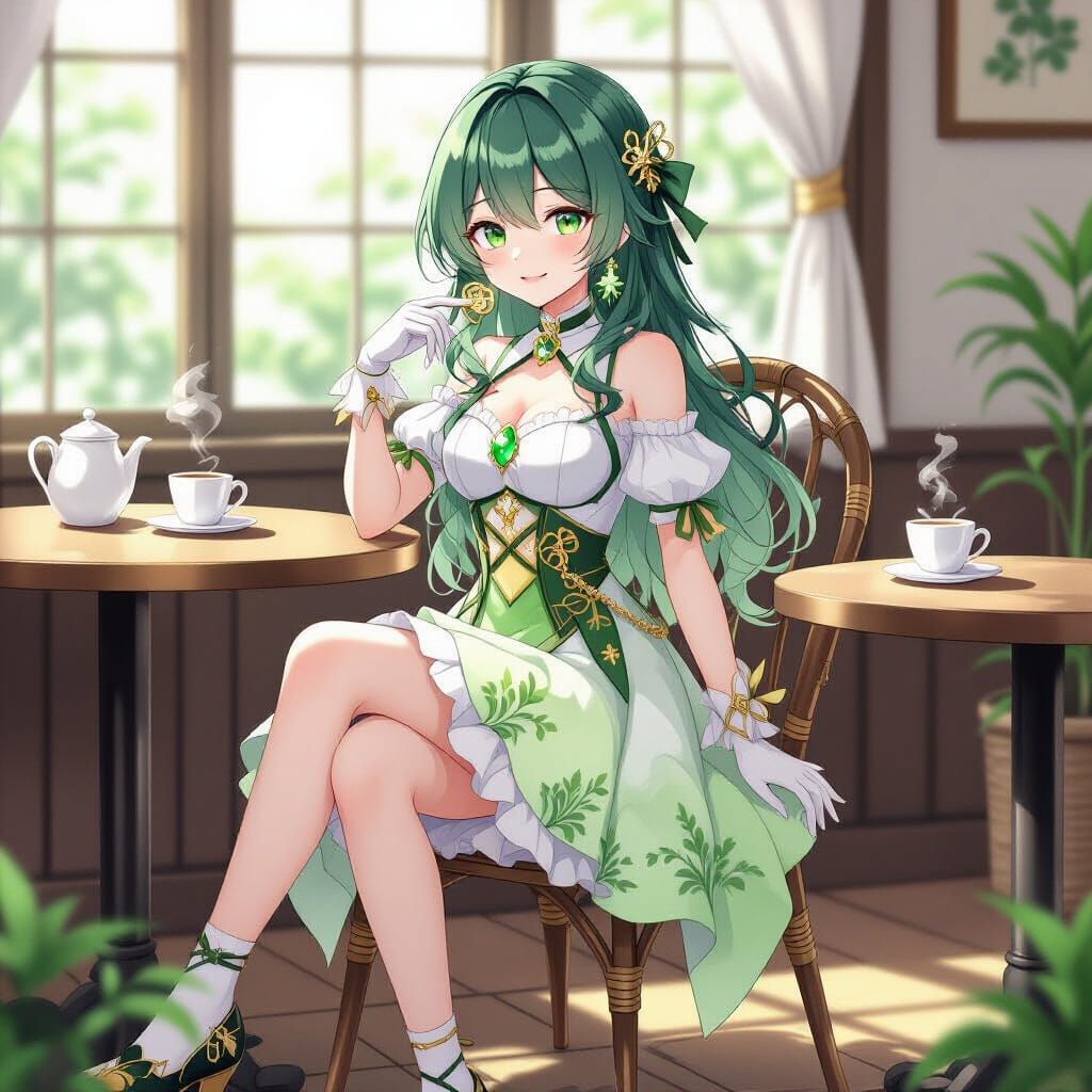 Genshin Style Girl in Muted Tones with Green Hair