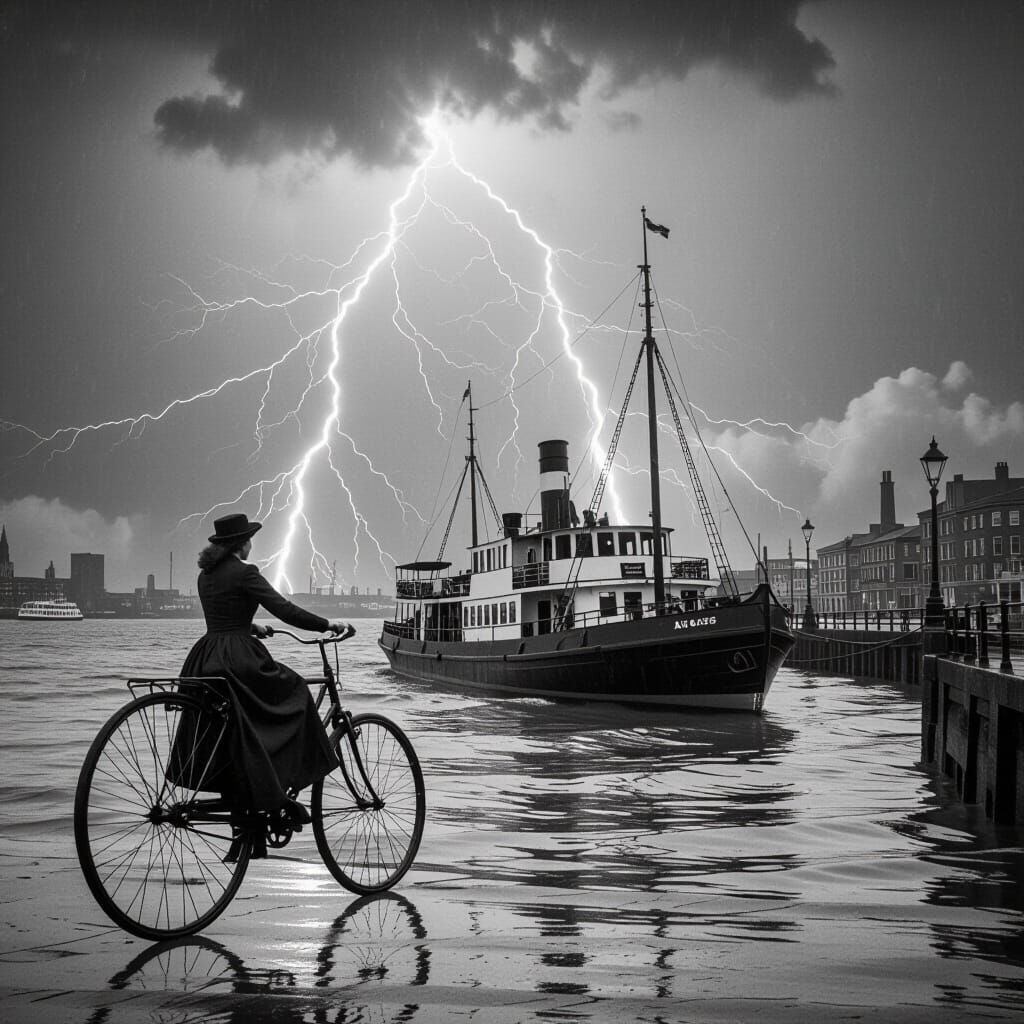 Victorian Ferry Lost in Storm with Penny Farthing Rider