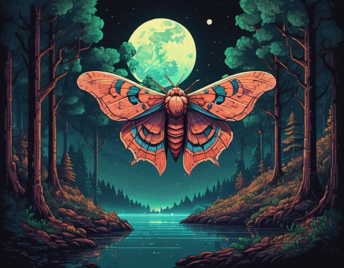 Vibrant Moth Under Full Moon in Pixel Art