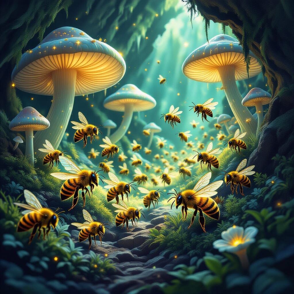 Bioluminescent Bees in Crystal Mushroom Cavern