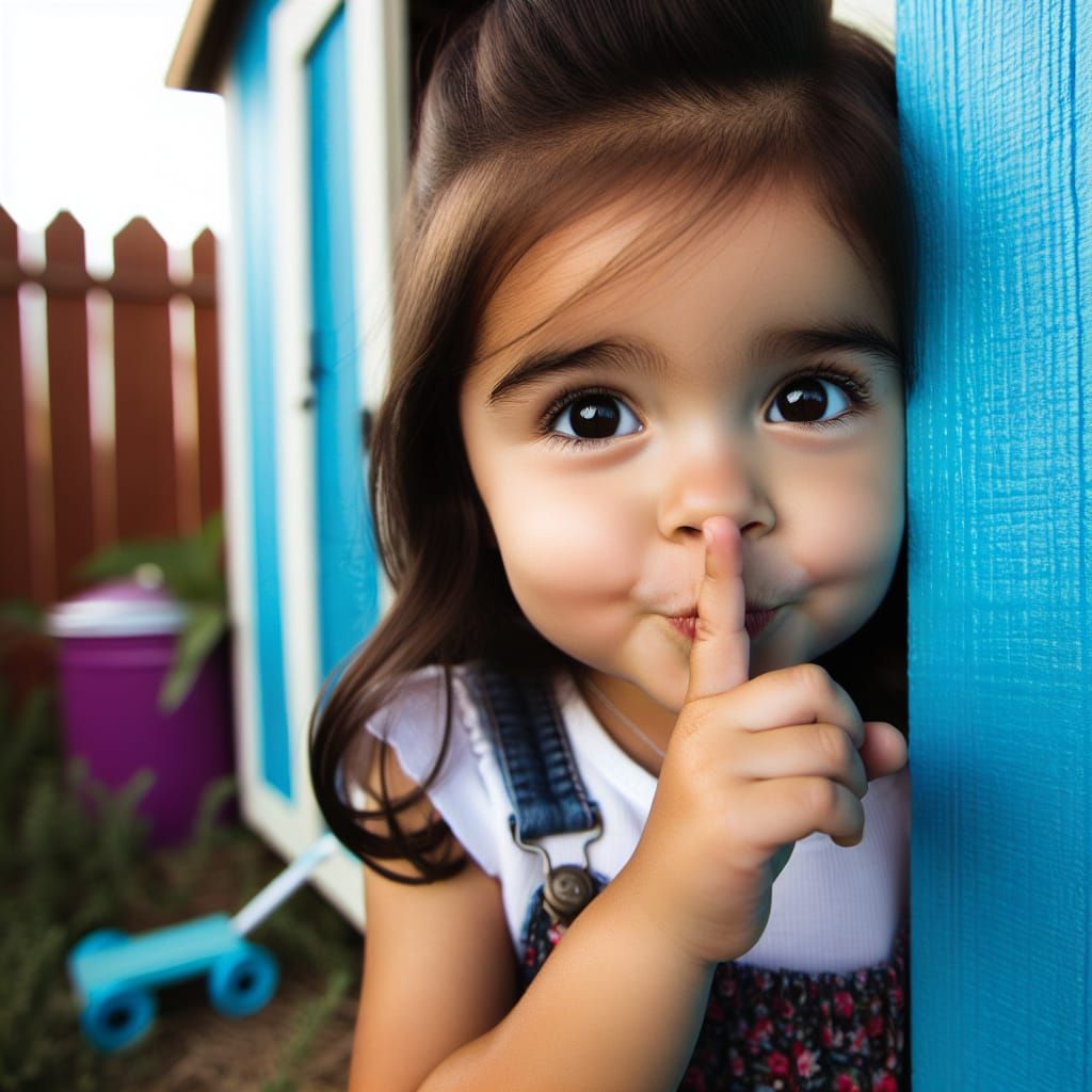 A Mysterious Young Girl Shushes Behind a Bright Blue Shed