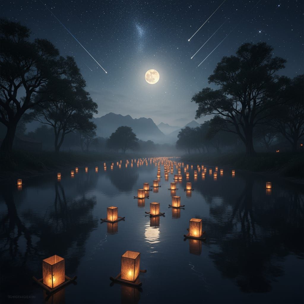 Cinematic River of Light Under Starry Moonlit Sky