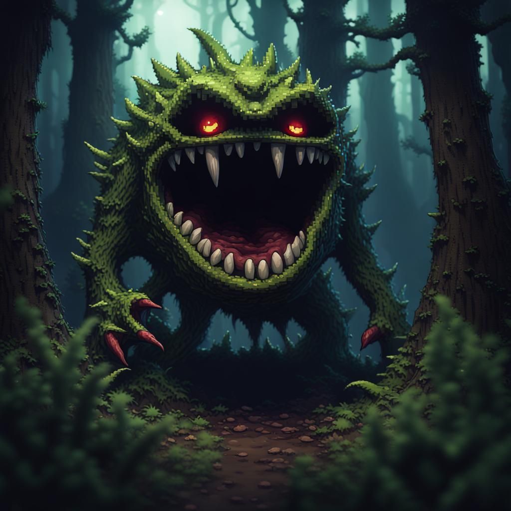 Spooky Pixel Art Plant Monster in Forest