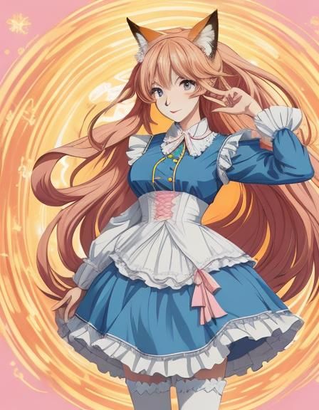 Anime Foxgirl in Maid Costume: Vibrant Manga Illustration