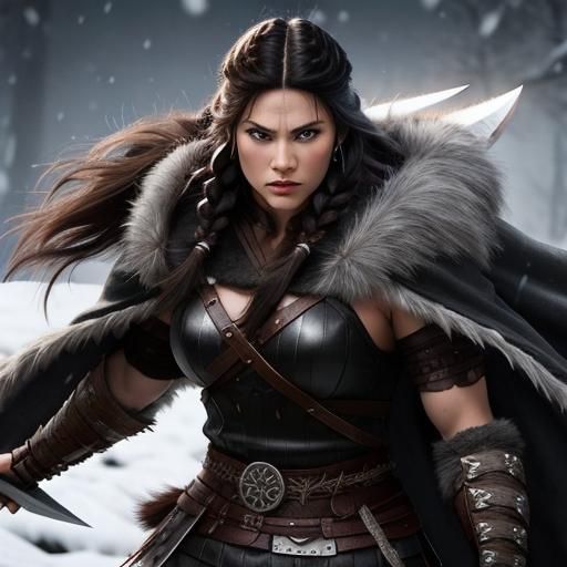 Fierce Barbarian Warrior Woman in Snowy Battle