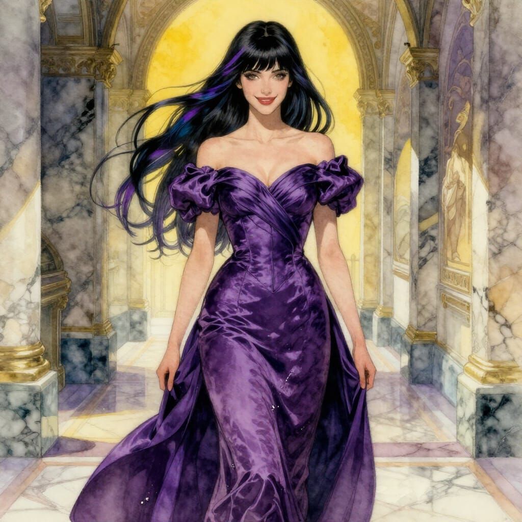 Woman in Violet Gown in Marble Hallway, Watercolor Style