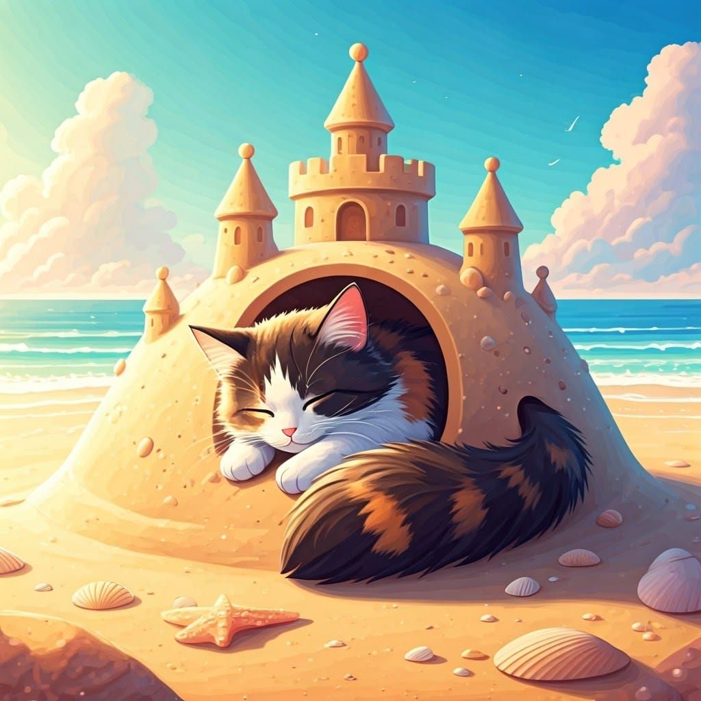 Tortoiseshell Cat Napping in Anime Sandcastle