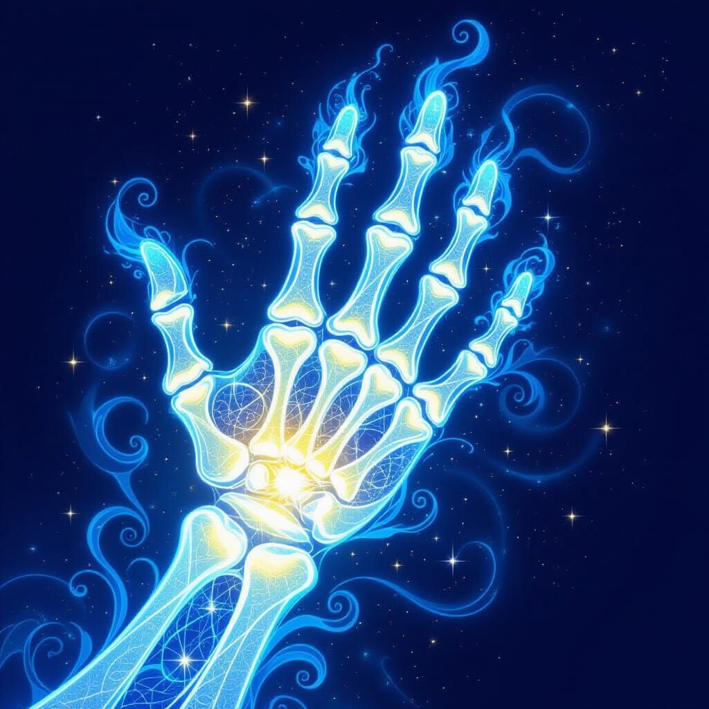 Cosmic Skeletal Hand in Blue Flame Zentangle Style