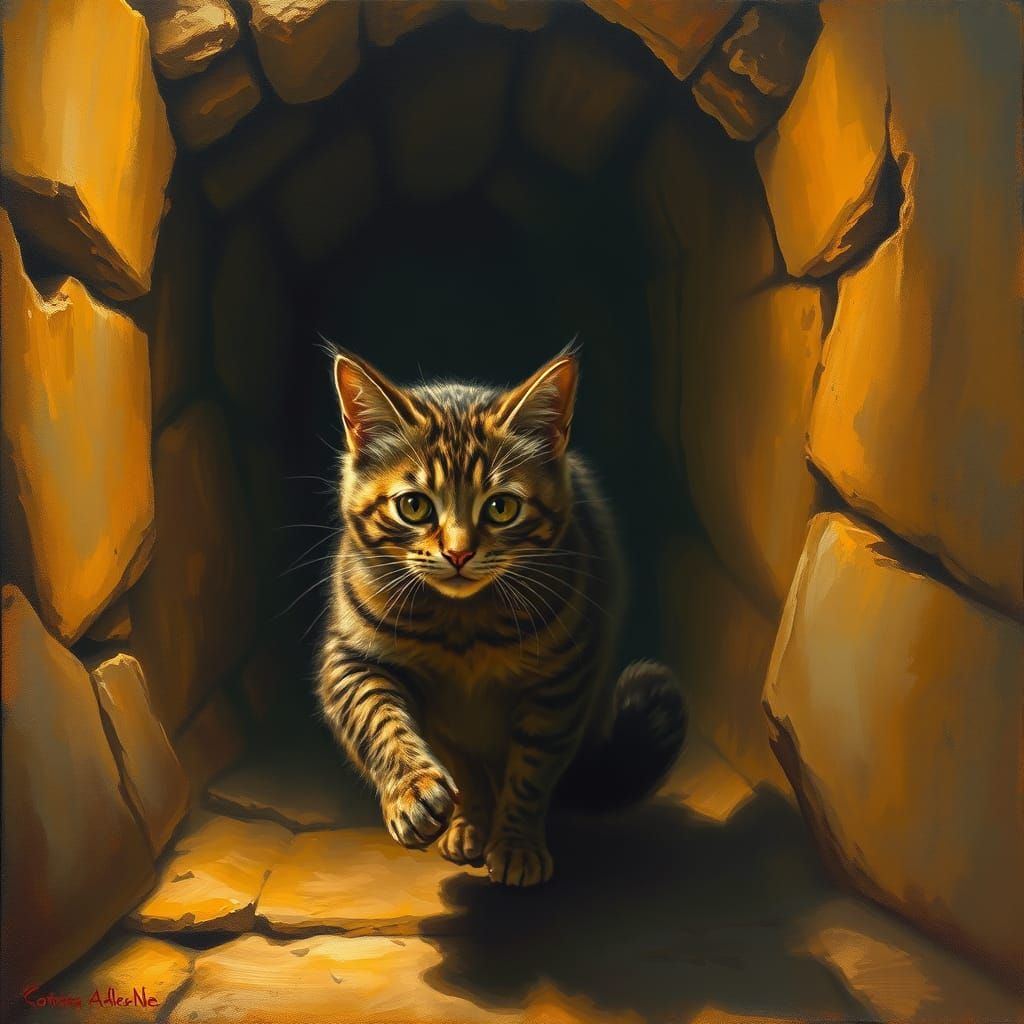 Kitty's Dungeon Escape: An Impressionist Oil Painting