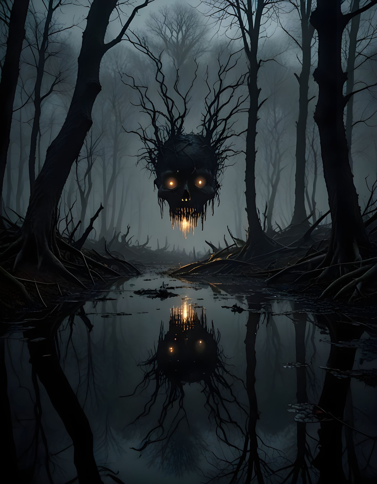 Ghostly Face Emerges from Oily Pool in Foggy Forest