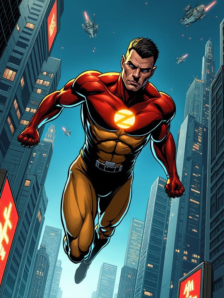 Determined Superhero Soars Through Futuristic City at Night ...