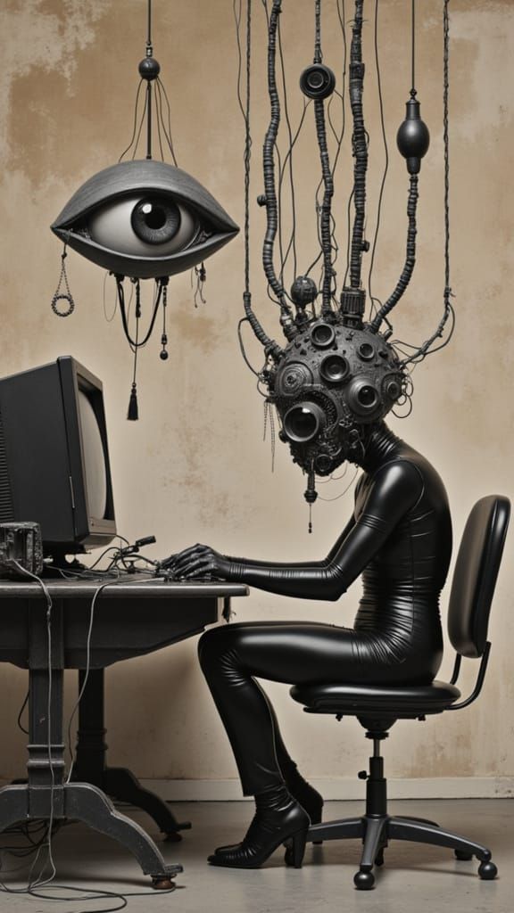 Surreal Human-Machine Drone in Grimy Office