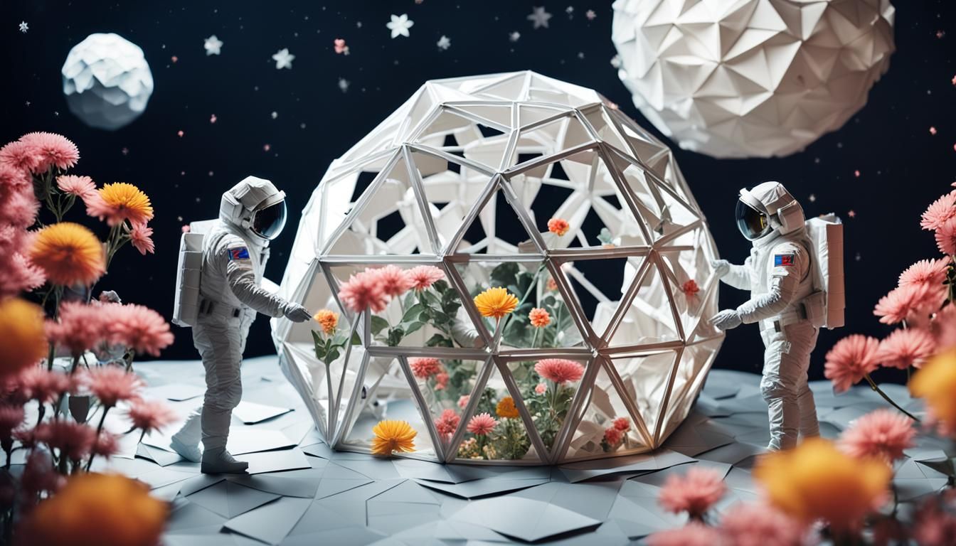 Astronauts Tend Lunar Flowers: Origami Papercraft