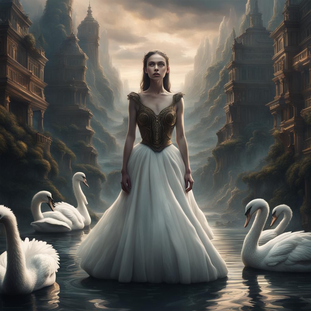 Surreal Wild Swan Girl in Digital Painting Style