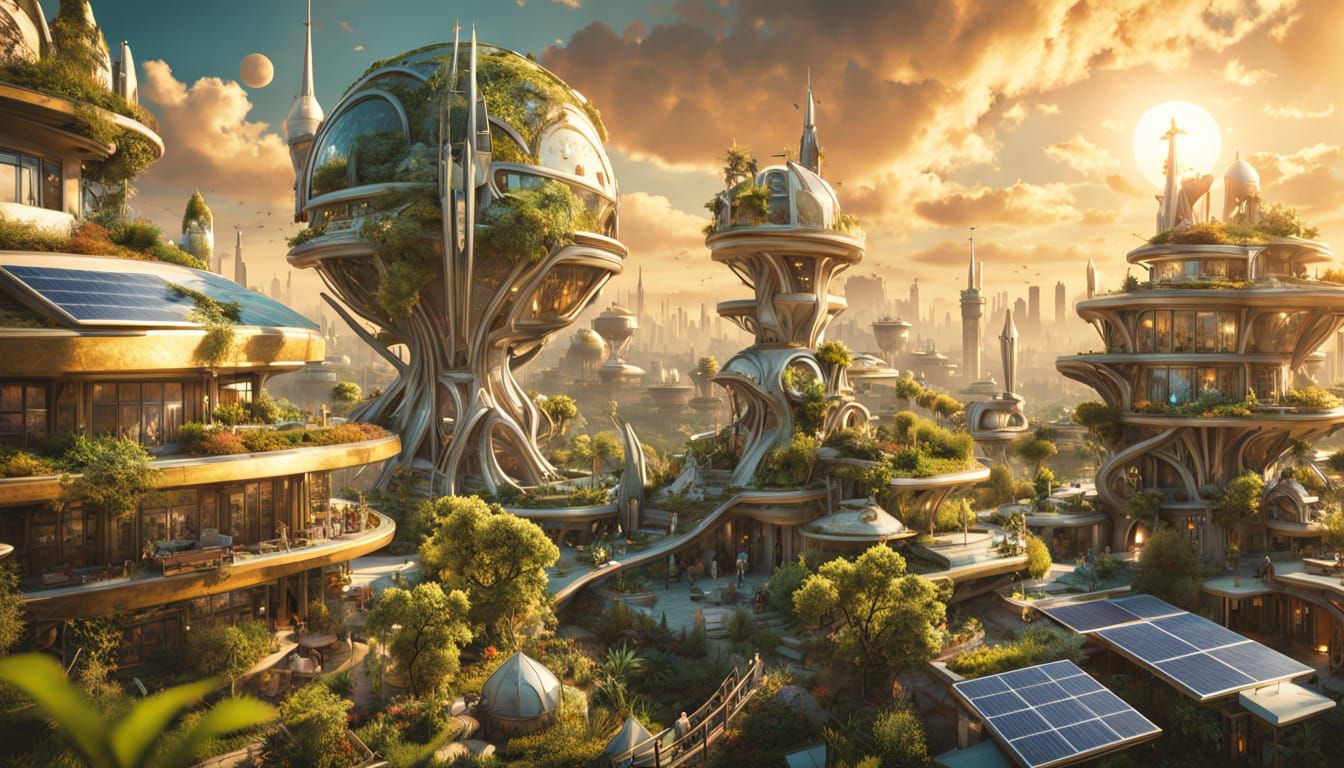 Vibrant Solarpunk Cityscape Under Golden Hour